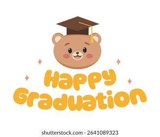Happy graduation greeting with cute bear. Illustration bear wearing graduation hat. Cute typography text