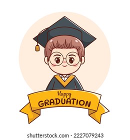 happy graduation handsome boy with cap, gown and glasses cute kawaii chibi cartoon character illustration