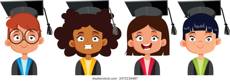 
Happy Graduation Kids Smiling Together Vector Illustration. Kids graduate from kindergarten growing up so fast 
