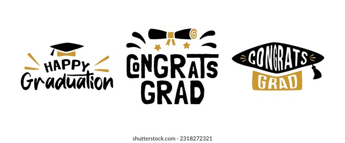 Happy Graduation Lettering Stickers Collection Vector Illustration