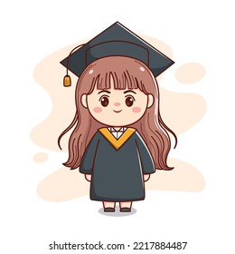 happy graduation long hair girl with cap and gown cute kawaii chibi cartoon character illustration