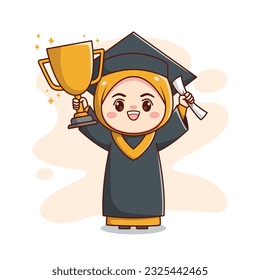 happy graduation muslim hijab girl holding trophy and paper cute kawaii chibi cartoon