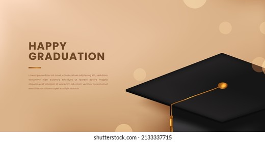 Happy graduation party celebration with 3d realistic graduation cap with golden color elegant modern concept for high school or college university