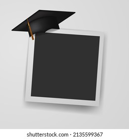 Happy graduation with photo frame template and graduation cap illustration