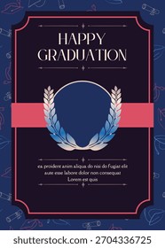 Afiche de Happy Graduation con un fondo azul marino oscuro con patrones de contorno temáticos de graduación, una corona de laurel central en degradado azul a rosa y un Anuncio de cinta de coral. Anuncio de graduación.