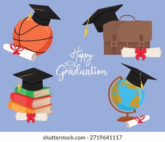 Happy graduation school composition with academic hat briefcase globe stack of books ball and diploma in vibrant celebratory design