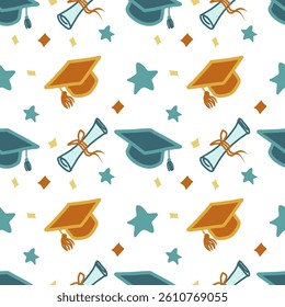 Happy Graduation seamless pattern with graduation cap and diploma. Hand drawn vector illustration.