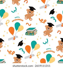 Happy graduation seamless pattern with Teddy Bear and academic cap. Cartoon background with books, balloons, diploma, handwritten and abstract shapes. Vector design for textile, wallpaper, cover.