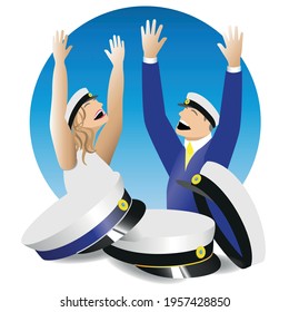 Happy graduation students celebrating "Studenten", the finish from Gymnasium. Traditional Swedish graduation caps. Blue and black ribbons. Vector Illustration