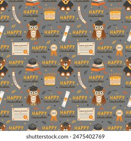 Happy Graduation Teddy Bear and Owl Greeting on Gray Seamless Pattern Design