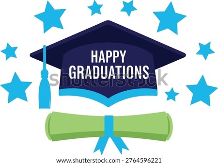 Happy graduations design featuring a graduation cap surrounded by stars and a rolled diploma scroll.