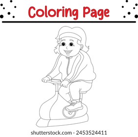 happy grand mother riding exercise bike coloring book page for kids.