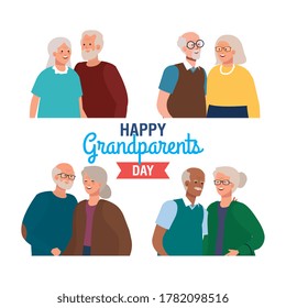 Happy Grand Parents Day With Cute Older Couples Vector Illustration Design