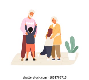 Happy Grandchildren Meeting And Hugging Grandmother And Grandfather. Cute Family Scene. Kids Visiting Grandparents. Flat Vector Cartoon Illustration Isolated On White Background