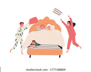 Happy Grandchildren Play, Do Pillow Fighting In Grandparents Bedroom. Children With Relatives Dressed In Pajamas, Smile, Laugh At Home. Flat Vector Cartoon Illustration Isolated On White Background