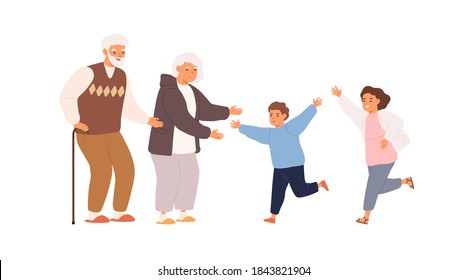 Happy grandchildren running to smiling grandmother and grandfather. Scene of family hug or relations. Retired grandparents welcome children on white. Flat vector cartoon illustration isolated on white