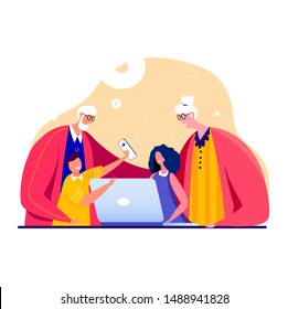 Happy grandchildren surfing the Internet with their grandparents sitting at the working table with a laptop. Family studying online using their computer watching gadgets. Vector flat illustration