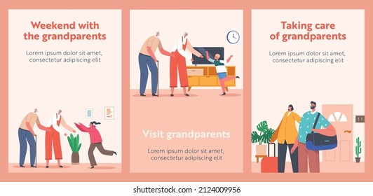 Happy Grandchildren Visiting Grandparents Banners. Family Characters Joyous Meeting. Father, Mother and Kids Rejoice for Coming to Grandmother and Grandfather Home. Cartoon People Vector Posters Set