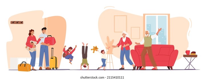 Happy Grandchildren Visiting Grandparents Concept. Father, Mother and Kids Rejoice for Coming to Grandmother and Grandfather Home. Family Characters Joyous Meeting. Cartoon People Vector Illustration