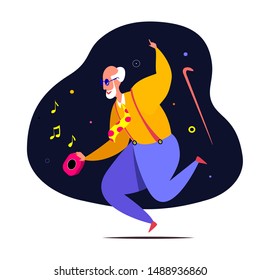 Happy granddad dansing and having fun in a cheerful mood. Elder dancer. Vector flat portrait of old cute man reclining his stick. Cartoon style. Character illustration. Healthy lifestyle.