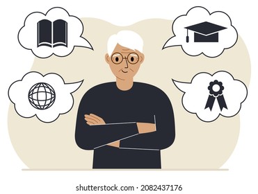 Happy granddad with thoughts about learning. Internet profession, higher education, stock exchange, financial literacy. Various icons about education. Vector flat illustration