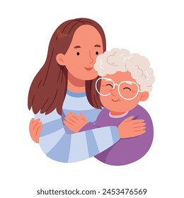 Happy granddaughter hugs her grandmother. Greeting card for Grandparents' Day. Happy Mother's Day.