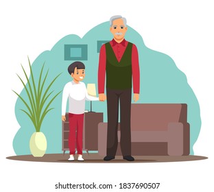 Happy grandfather with child at home. Man holding hand with child. Parenthood vector illustration. People indoor together. Granddad caring about grandchild, living room with sofa interior.