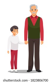 Happy grandfather with child. Man holding hand with boy isolated on white background. Parenthood vector illustration. People together. Granddad caring about grandchild.