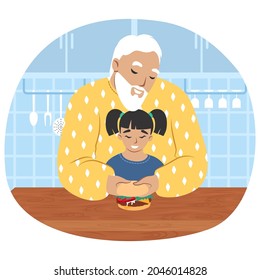 Happy grandfather cooking with granddaughter in kitchen, flat vector illustration. Grandpa and grandkid spending time together making burger. Grandparent and grandchild relationships.