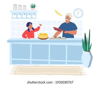 Happy grandfather cooking pancakes with granddaughter in kitchen, flat vector illustration. Grandpa with grandkid spending time together preparing breakfast. Grandparent and grandchild relationships.