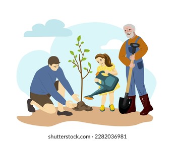 Feliz abuelo, padre y nieta Plantando Árbol juntos. Actividad en el jardín. Ilustración del vector