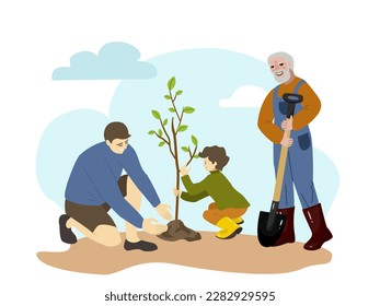 Feliz abuelo, padre y nieto Plantando Árbol juntos. Actividad en el jardín. Ilustración del vector