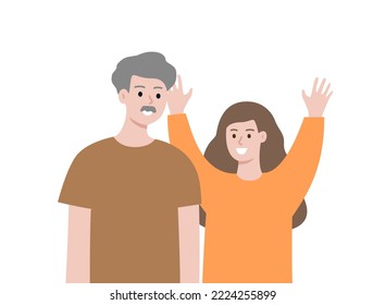 Happy Grandfather and Grandchild standing together portrait. Family love, communication, positive relationship concept. Flat cartoon people vector design illustration.