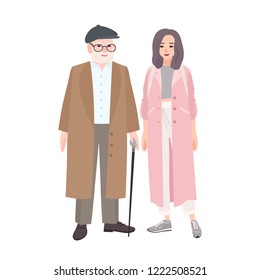 Happy grandfather and granddaughter dressed in stylish outerwear standing together. Elegant elderly man and teenage girl wearing coats. Family portrait. Vector illustration in flat cartoon style.