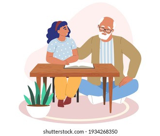 Happy grandfather and granddaughter reading book together, flat vector illustration. Grandpa with grandkid spending time together. Grandparent and grandchild relationships.