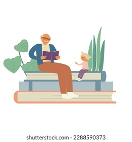 Happy grandfather and granddaughter sitting on giant stack of books together read book. Girl listen her grandpa reading. Flat vector illustration