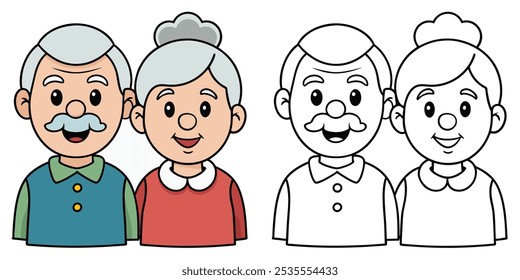 Happy Grandfather And Grandmother Cartoon Coloring Page For Kids