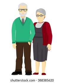 Happy grandfather and grandmother standing together. Old people in family. Vector illustration.