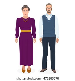 Happy grandfather and grandmother standing together. Good looking adult old man and woman people in family. Vector illustration