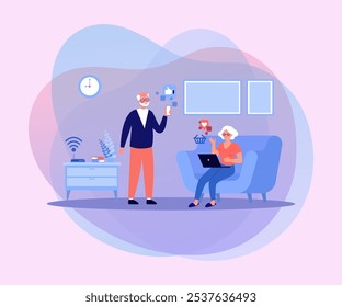 Abuelo y abuela felices usando smartphone y ordenador portátil. Hombre mayor que utiliza la aplicación de las redes sociales en el teléfono, mujer mayor que compra en la Ilustración vectorial del ordenador portátil. Vida mayor, concepto de tecnología