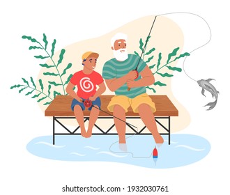 Happy grandfather and grandson fishing together, flat vector illustration. Grandpa with grandkid spending time together. Grandparent and grandchild relationships. Outdoor summer family activity.