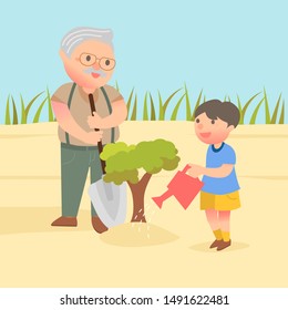 Happy grandfather and grandson Planting Tree Together.
