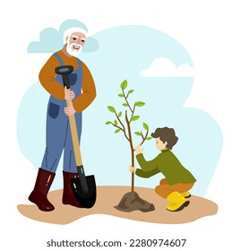 Happy grandfather and grandson Planting Tree Together. Vector illustration