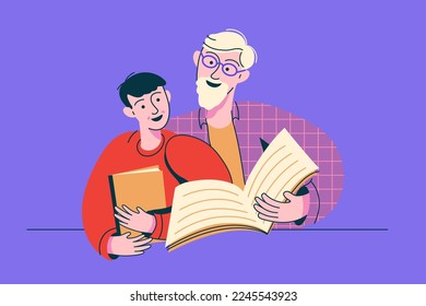 Happy grandfather with grandson reading book together. Senior man teaching his grandson. Vector illustration