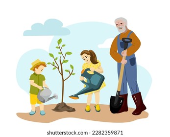 Happy grandfather and his grandchild Planting Tree Together. Activity in the garden. Vector illustration