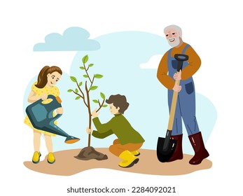 Feliz abuelo y su nieto Plantando Árbol juntos. Niña con lata de agua y niño sosteniendo un árbol. Actividad en el jardín. Ilustración del vector