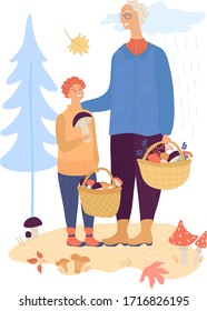 Happy grandfather and his grandson walking fall forest and pick up mushroom and put into basket, isolated on white Vector Illustration. Family time spending together in nature, enjoying autumn weather