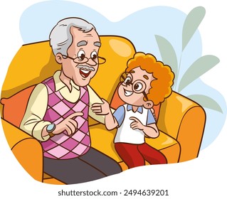 Happy grandfather is holding little grandson in his arms. Portrait of character.