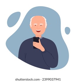 Happy grandfather holds a phone in his hand. Smiling senior man looking at cell phone or mobile phone. Elderly man talking on a video call. Grandpa is holding a smartphone. Flat vector illustration