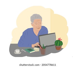 Happy grandfather with laptop. An elderly man is studying modern technologies using a laptop. A positively smiling grandfather sits at a computer, communicates on the Internet online, works online.